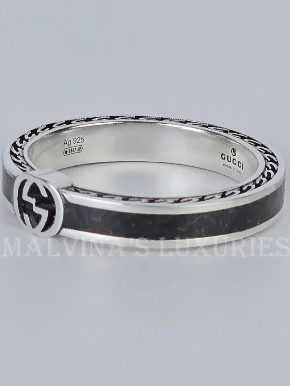 GUCCI RING STERLING SILVER w BLACK ENAMEL INTERLOCKING GG LOGO sz 17 US 8